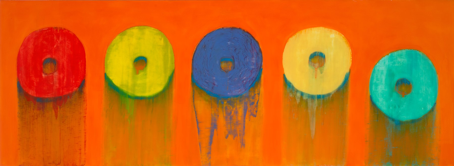 Froot Loop Orange — five loops in red, yellow, blue, cream, and turquoise dripping down an orange field