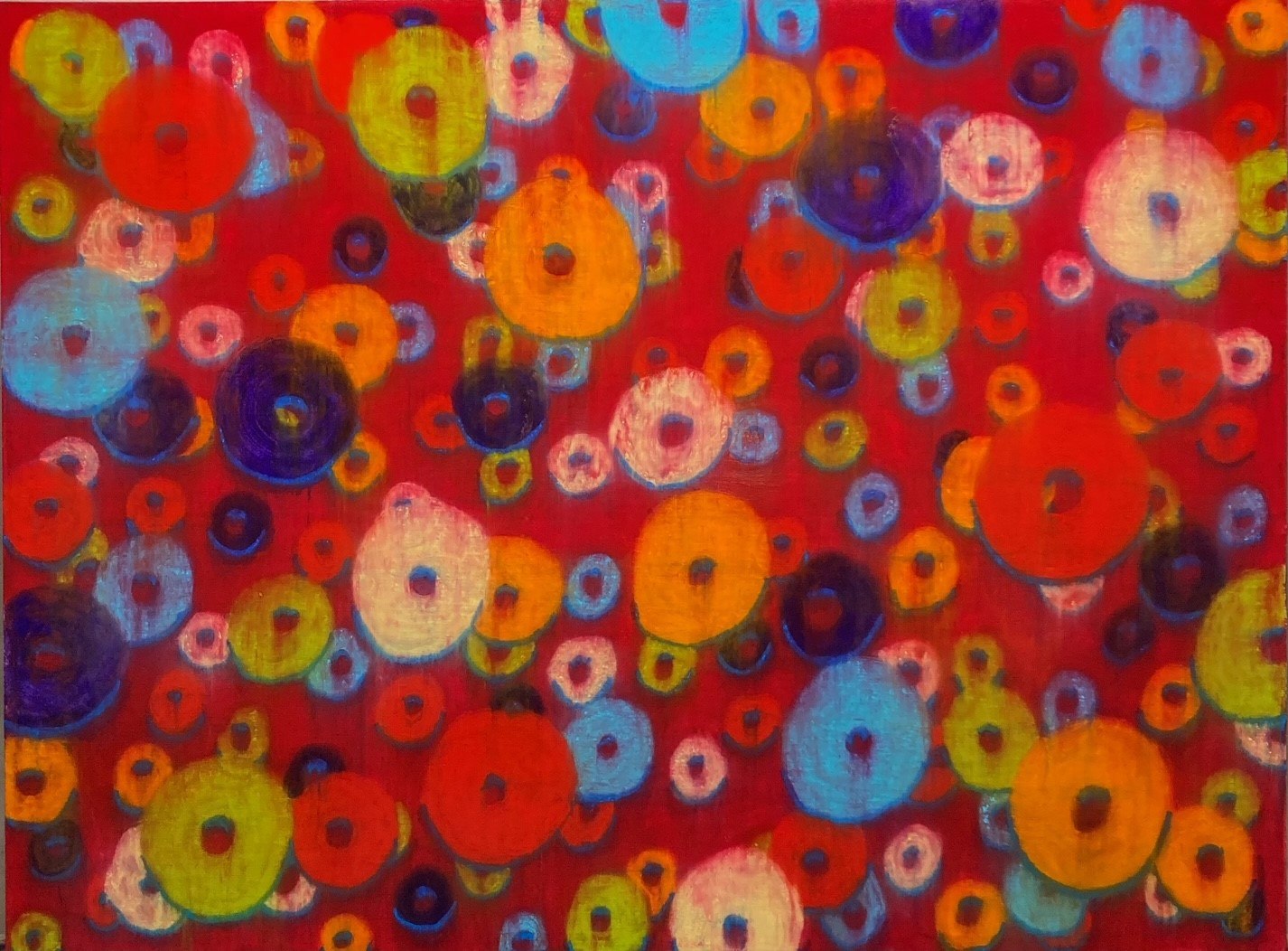 Froot Loop Planets III — loops in blue, gold, and violet floating on bright red