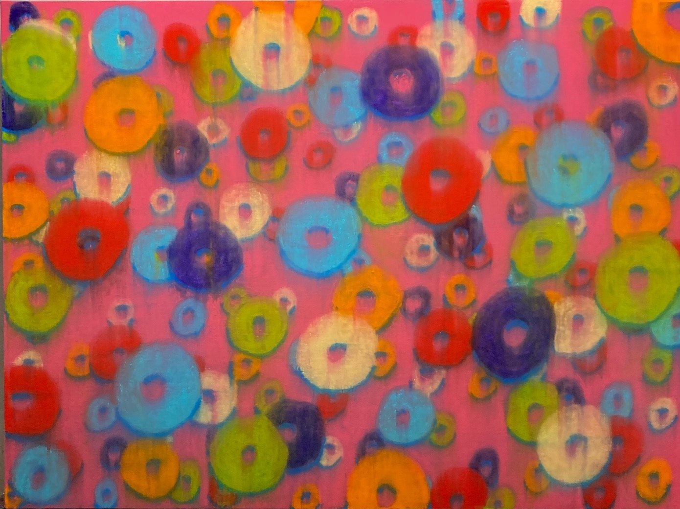Froot Loop Planets IV — soft loops in blue, green, and orange drifting on pink