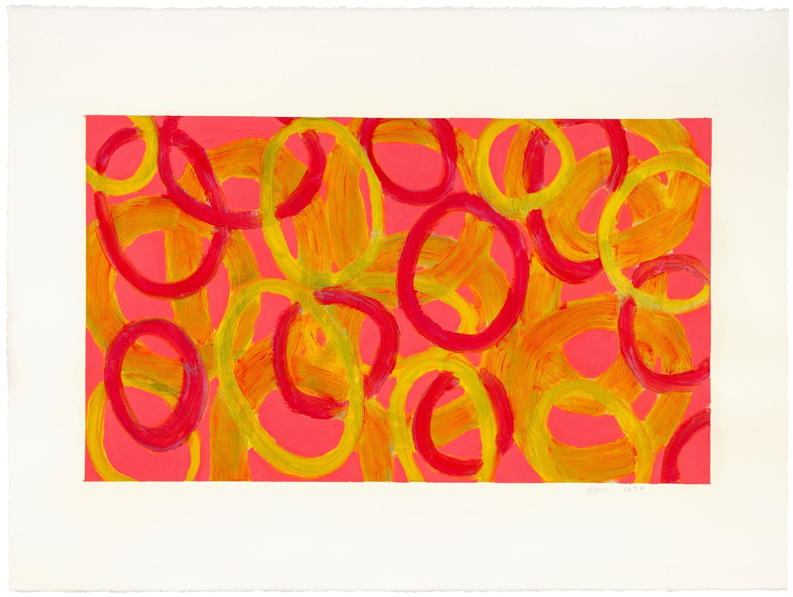 Leaf Loops (Pink) — red and golden yellow rings interlacing on a vivid pink ground
