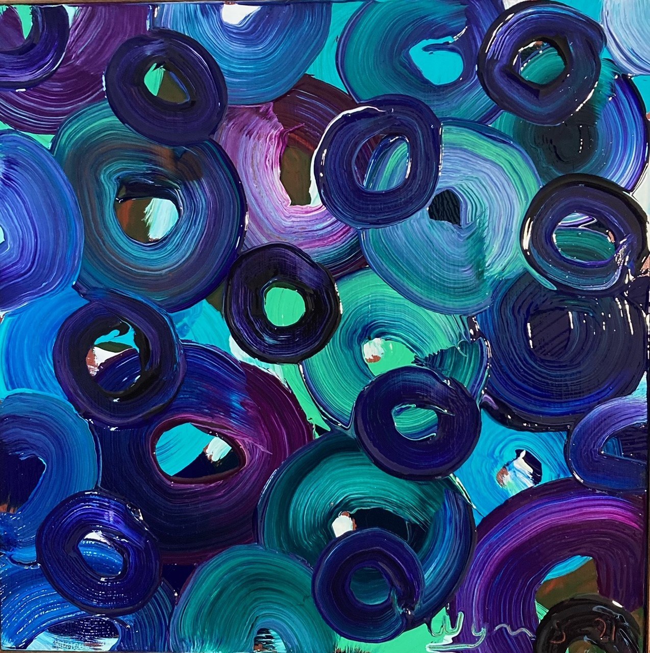 Untitled — glossy loops in blues, teals, and purples