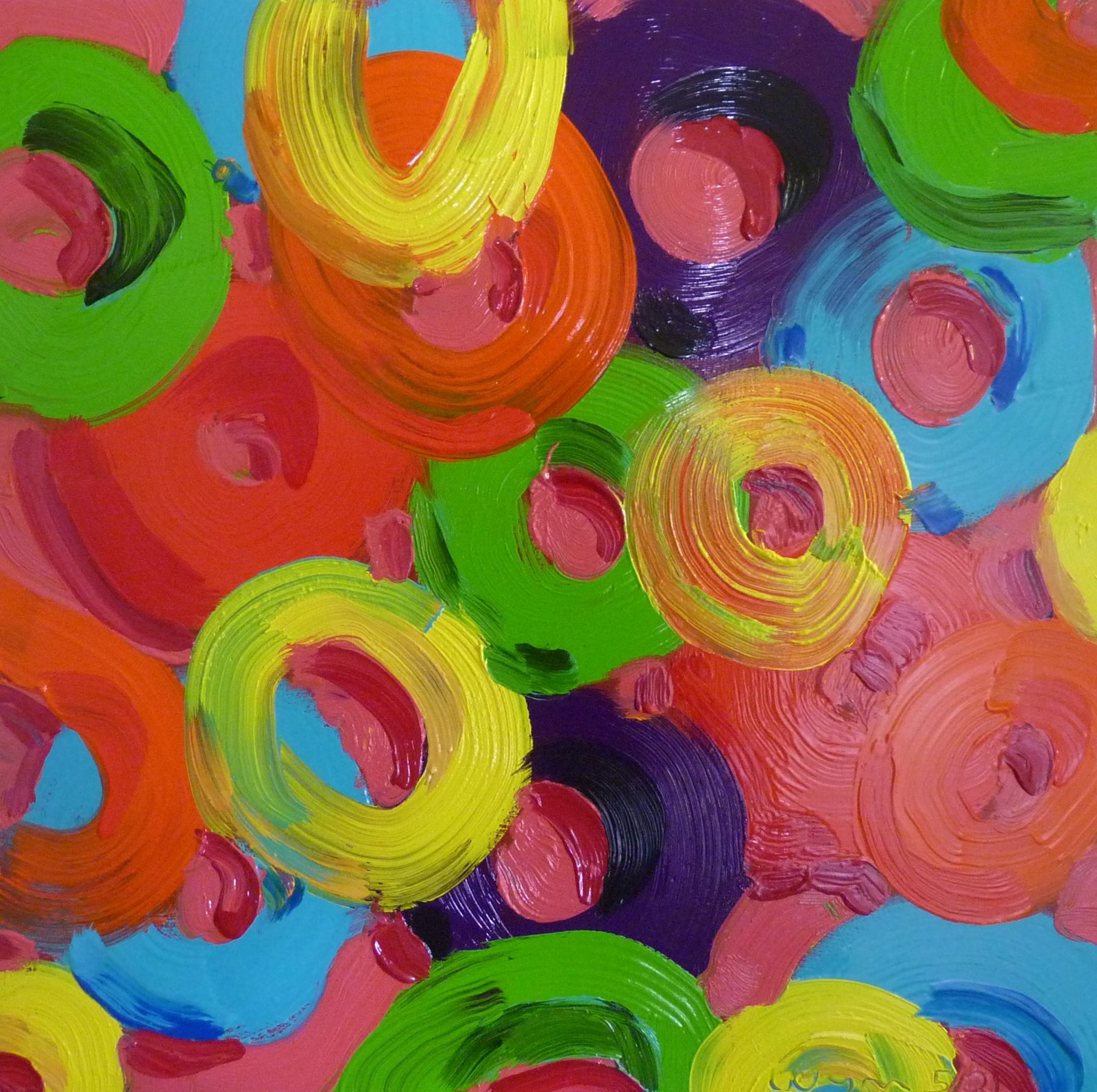 Untitled — swirled loops in green, yellow, orange, and turquoise on pink and blue