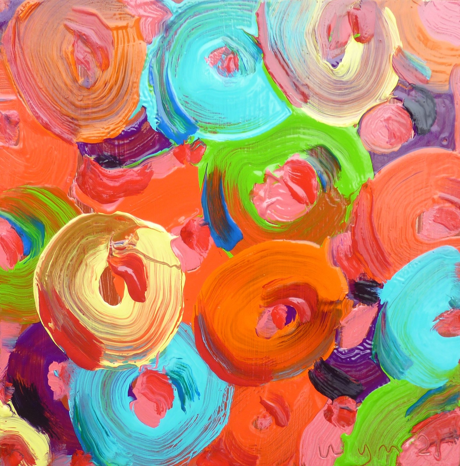 Untitled — loops in coral, turquoise, green, and yellow with thick swirled strokes