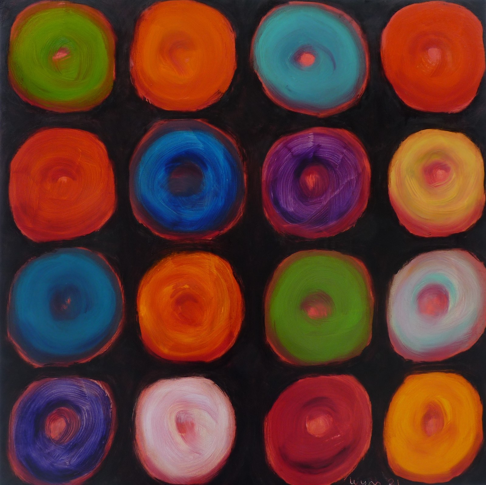 Untitled — a four-by-four grid of glowing rings in green, orange, blue, and purple on black