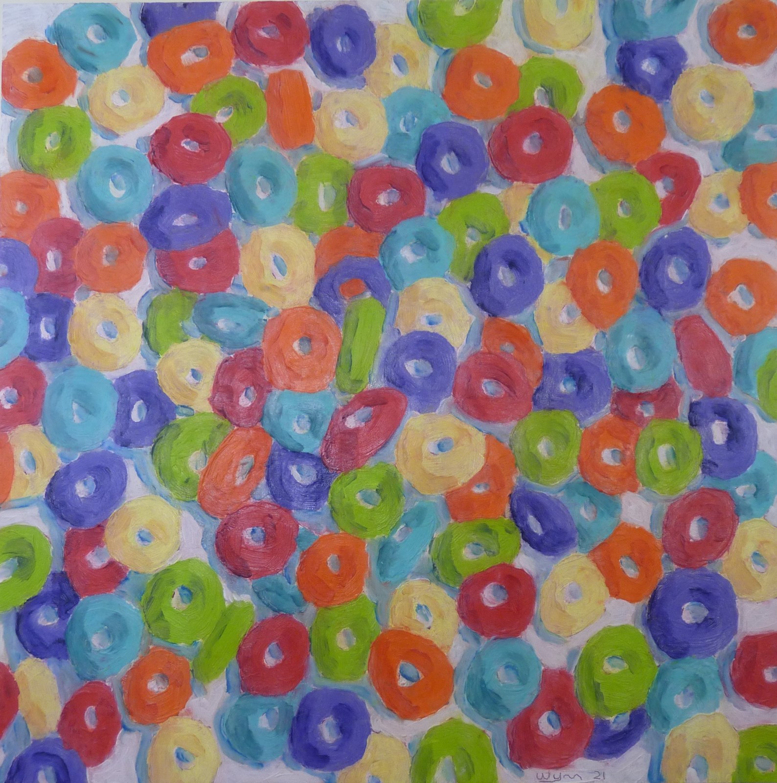 Untitled — a dense field of loops in red, green, blue, orange, and yellow on white