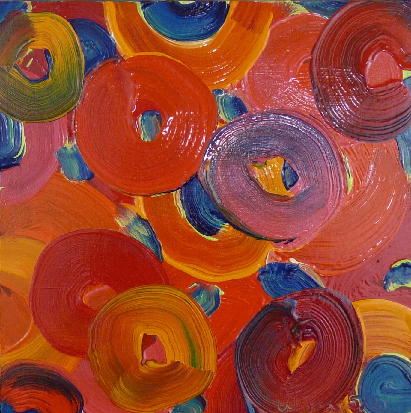 Untitled — loops in reds and oranges with deep blue accents