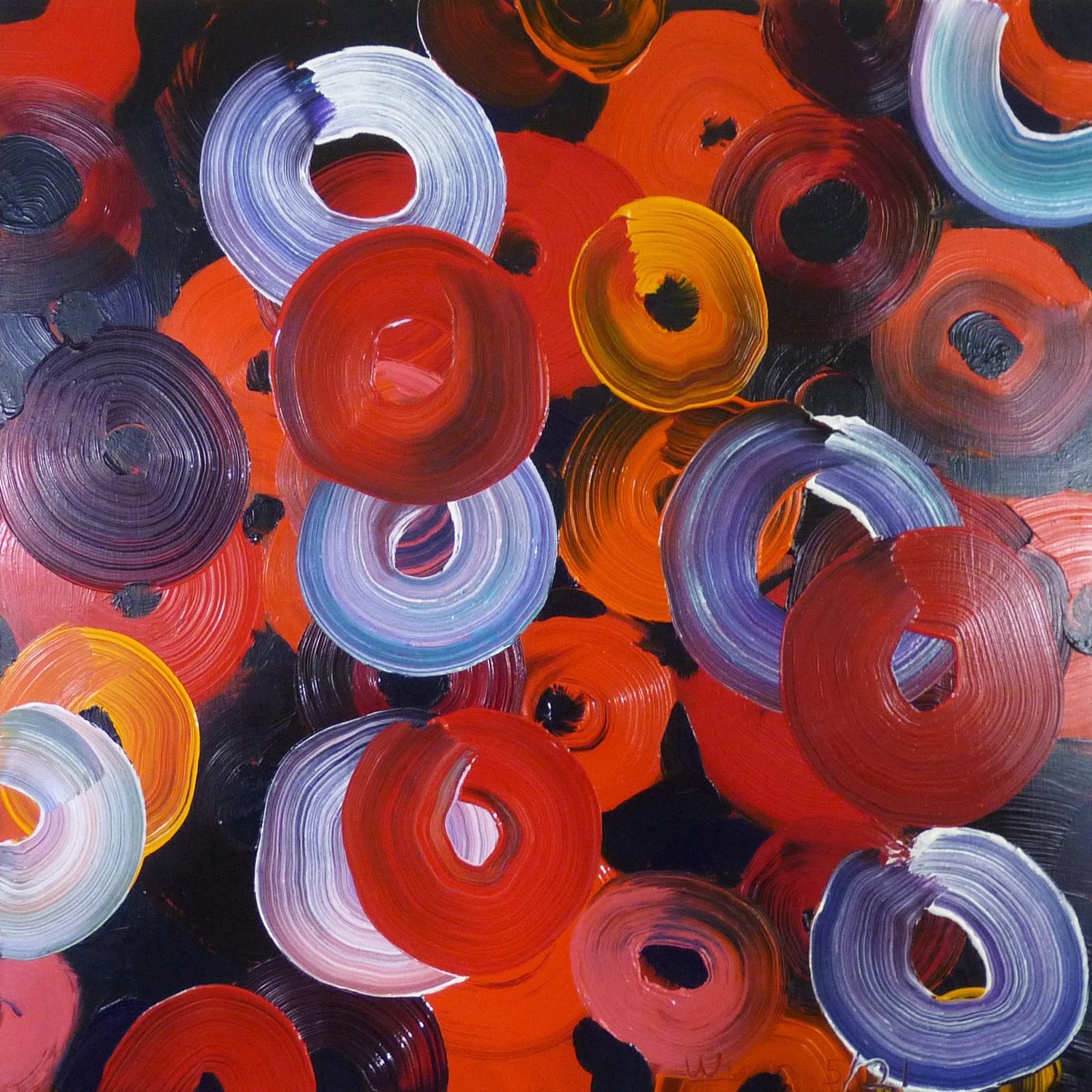 Untitled — thickly painted loops in red, periwinkle, and gold on black