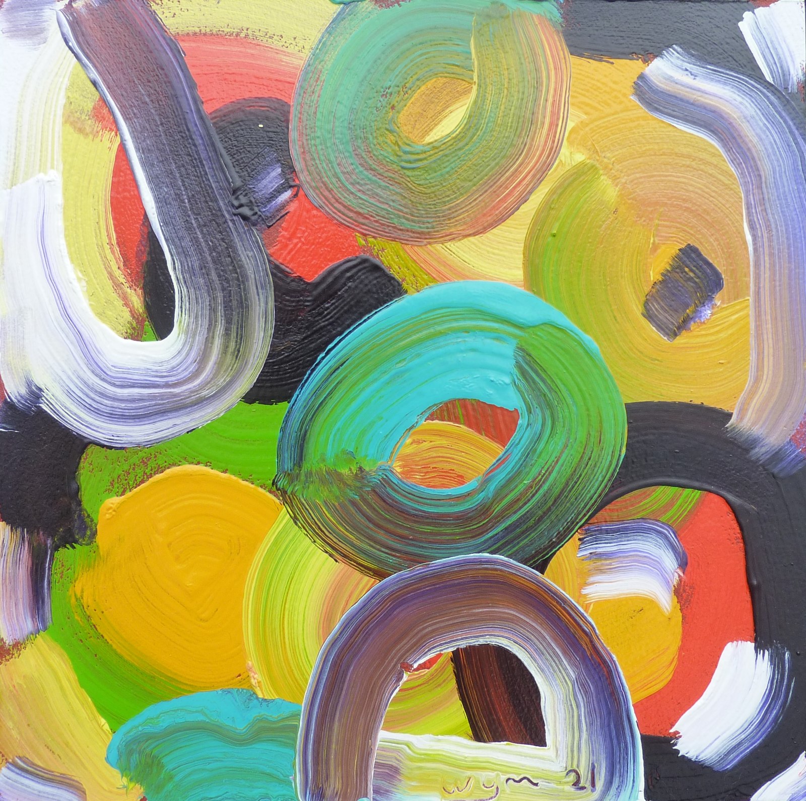 Untitled — loops and arcs in teal, yellow, black, and lavender