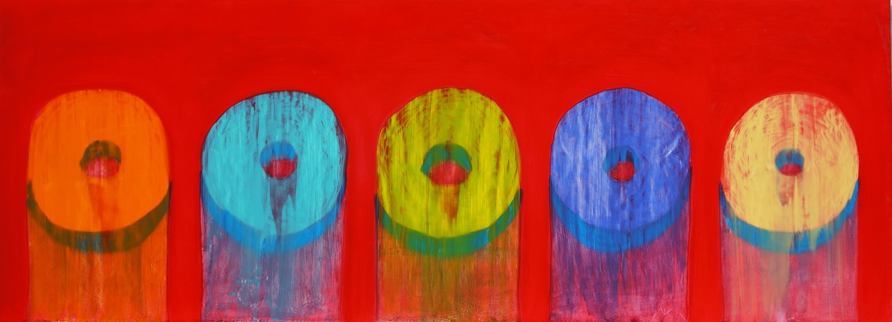 Scarlet Lake Froot Loops 2 — five large loops in orange, turquoise, yellow, blue, and cream trailing washes down a scarlet field