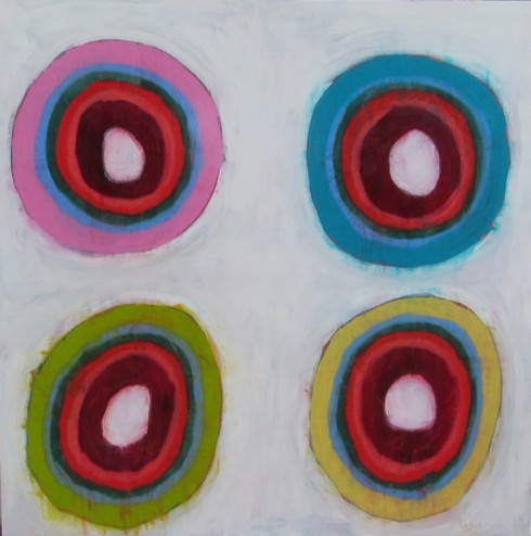 Untitled — four large concentric loops in pink, blue, olive, and red