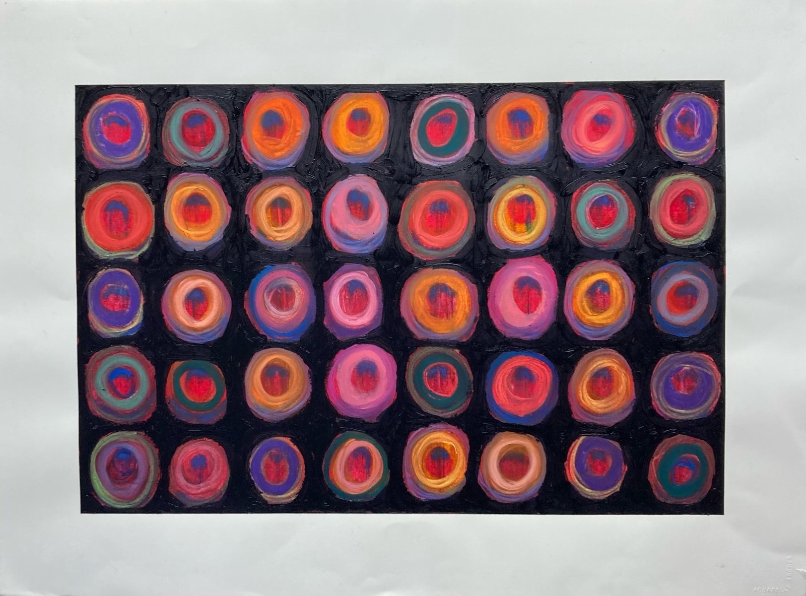 Untitled — rows of glowing concentric loops in a grid on black