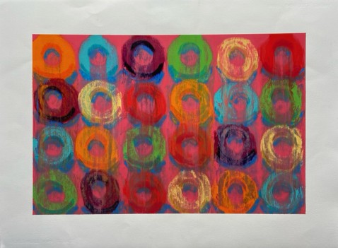 Untitled — multicolored loops on a warm orange-red ground