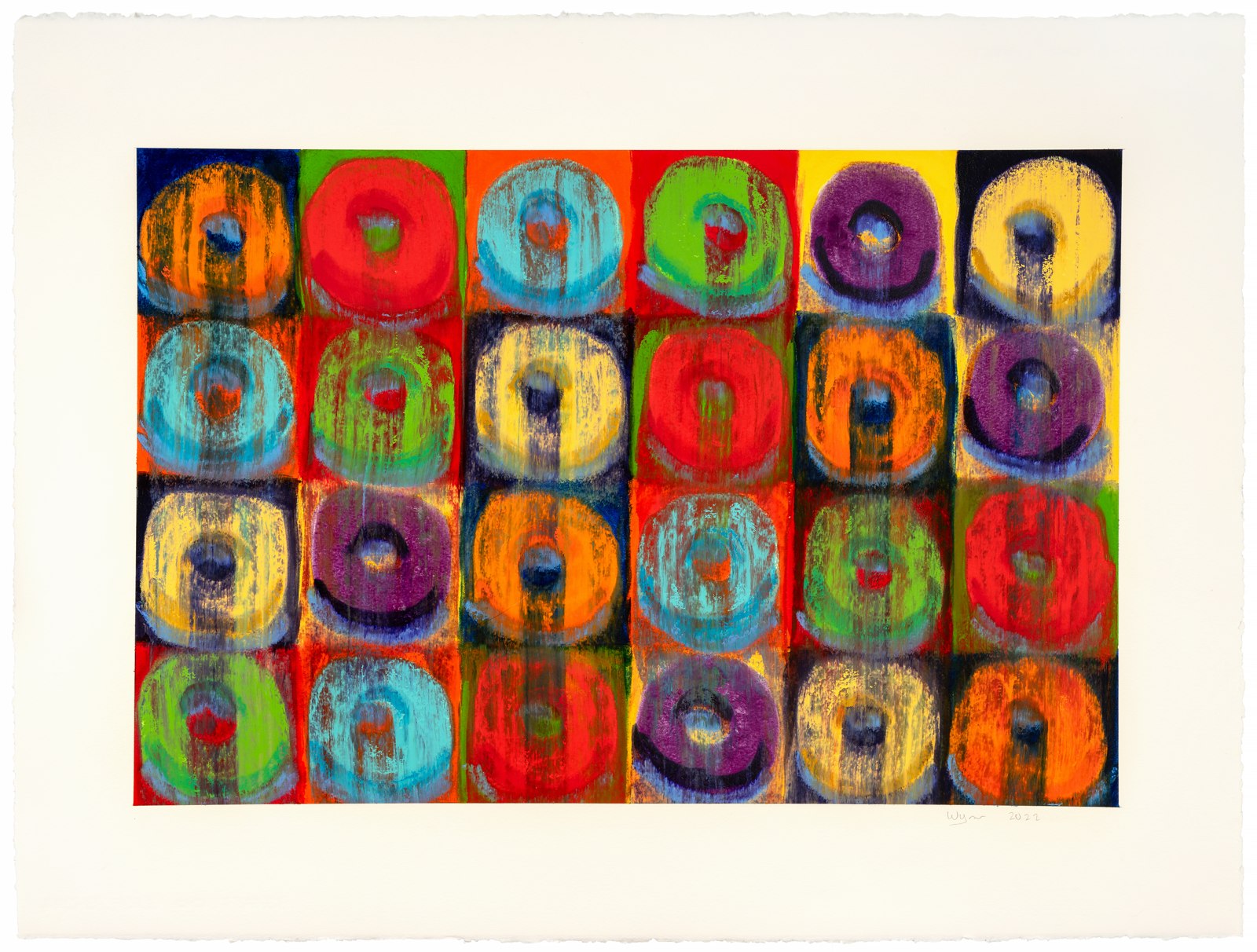 Untitled — a grid of saturated color blocks, each centered with a loop