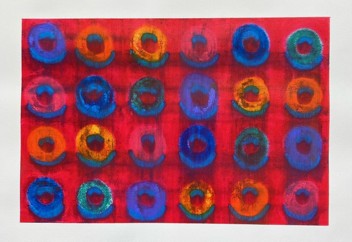 Untitled — multicolored loops on a red ground