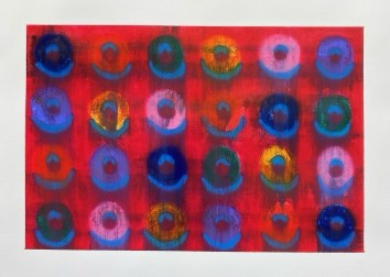 Untitled — blue and purple loops on a red ground