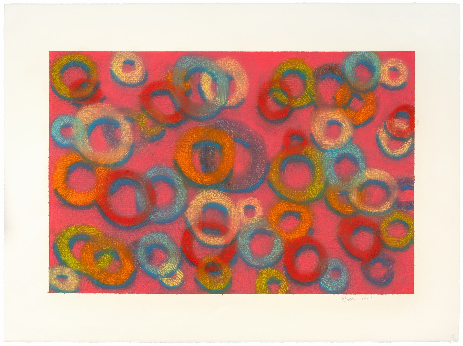 Untitled — crosshatched rings in orange, red, teal, and gold on a rose ground