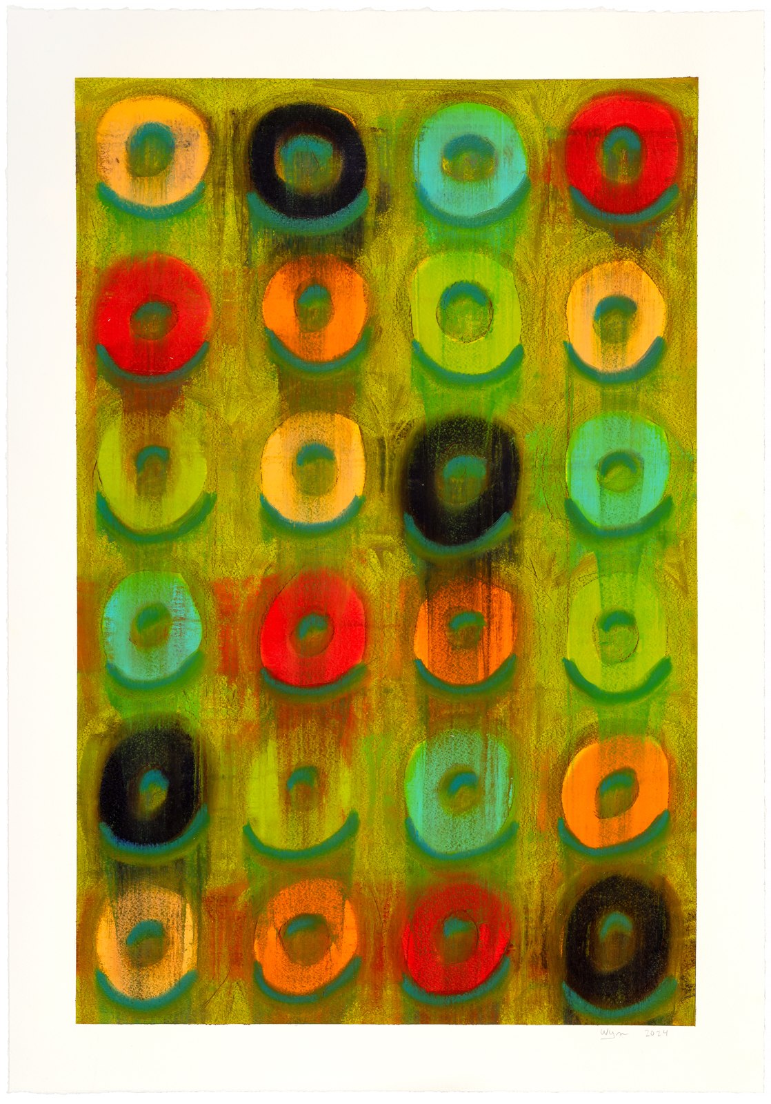 Untitled — columns of loops in red, orange, teal, and black on a chartreuse ground