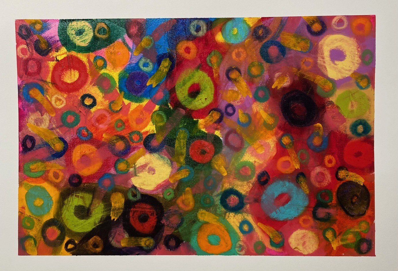 Untitled — dense field of loops and marks in reds, golds, and greens