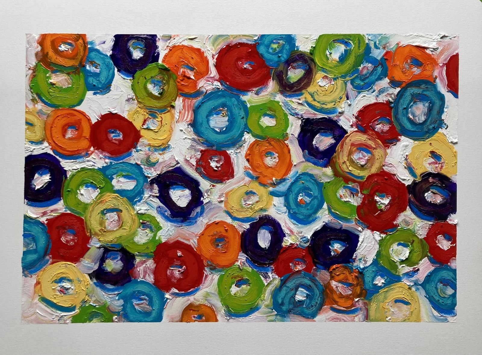 Untitled — thickly painted loops in red, orange, blue, green, and yellow on white