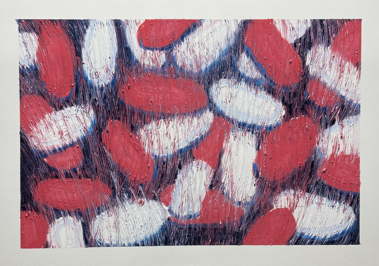 Untitled — red and white forms with scratched texture and deep blue shadows